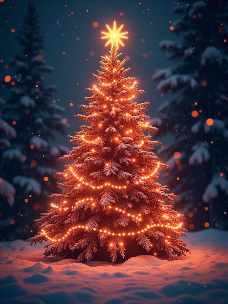 A Christmas tree adorned with glowing lights stands majestically in a snowy landscape. Snow blankets the ground and evergreen trees surround the scene. The star at the top shines brightly. The setting evokes a festive and warm holiday spirit.