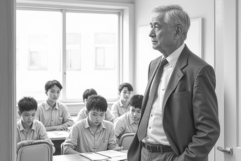 Highly detailed sketch of a stern man with salt-and-pepper hair at a classroom doorway. He stands upright, arms relaxed. Students in the background appear blurred. The composition follows the rule of thirds. The image is monochrome with sharp details in the man's attire. The camera angle is medium shot from a slightly low angle. The lighting creates shadows across the doorway.