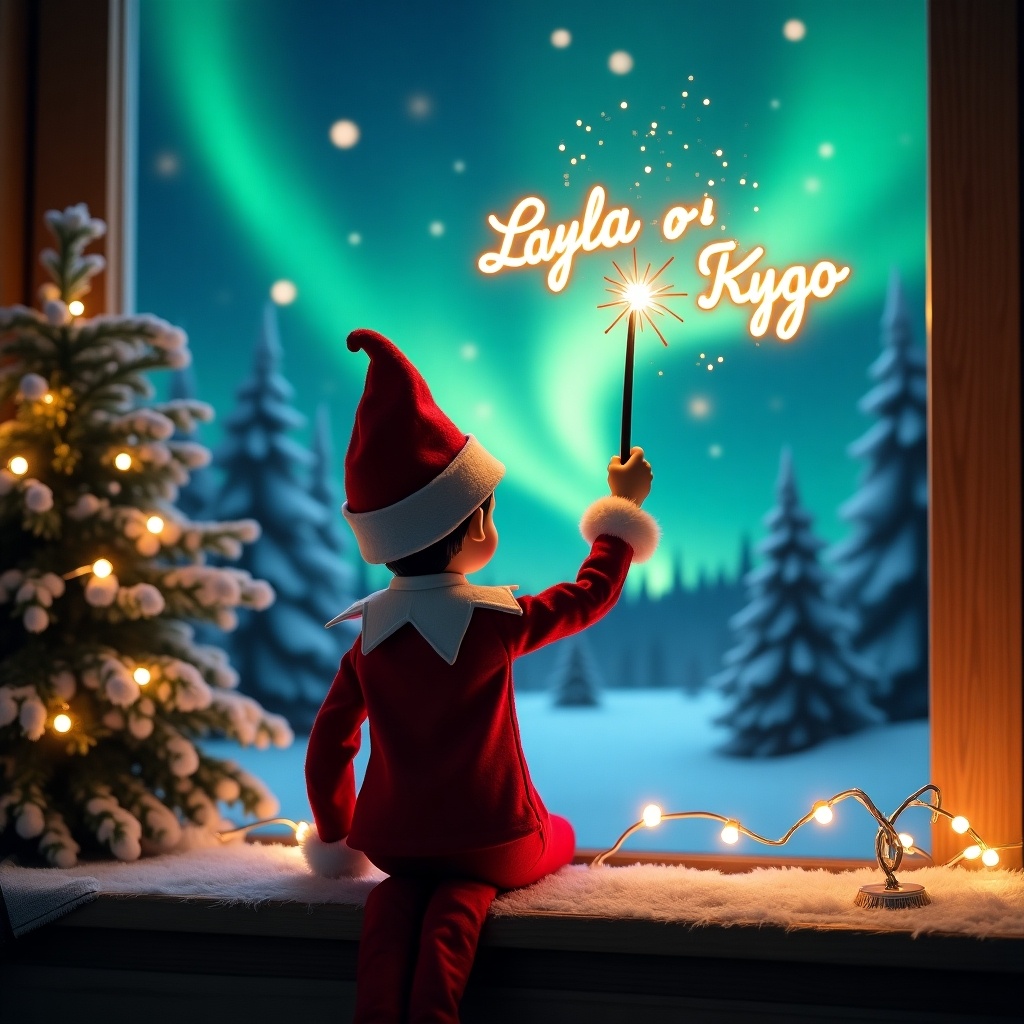 An enchanting Christmas scene features an elf on the shelf facing the vibrant northern lights. The elf, dressed in traditional red and white attire, is standing with his back to the viewer, wielding a magic wand. In the air above, he writes glowing names 'Layla' and 'Kygo.' The cozy window scene is complemented by soft lighting from a nearby decorated Christmas tree. This whimsical setting captures the essence of holiday wonder and excitement, perfect for celebrating the Christmas spirit.