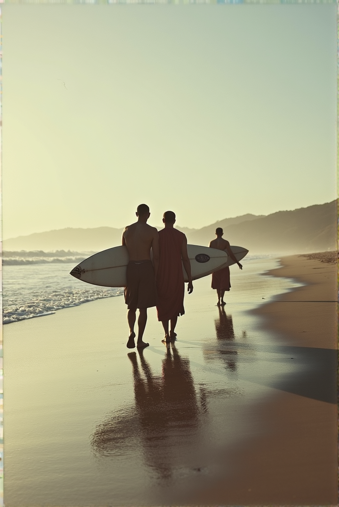 Three monks in traditional robes walk along a beach at sunrise carrying surfboards, their reflections visible in the wet sand.