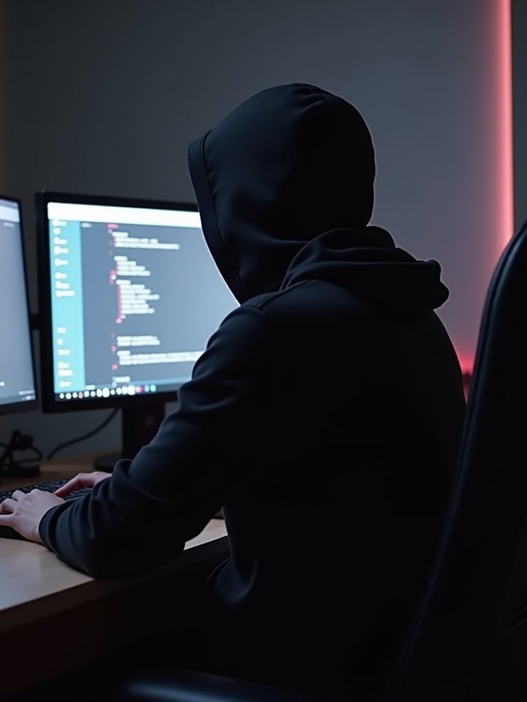 A person in a black hoodie is sitting at a desk with two monitors. The room has soft ambient lighting with colored accents. The focus is on the silhouette of the person engaged in coding on the computer. The background is defocused.