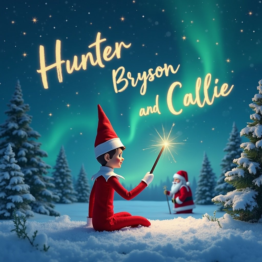 Enchanting Christmas scene featuring an elf on the shelf. The elf sits gazing upwards with a wand. It writes the names 'Hunter, Bryson and Callie' in the night sky. The background has stunning northern lights and a distant Santa Claus. Snow is on the ground, creating a serene winter wonderland. This magical moment captures holiday joy.