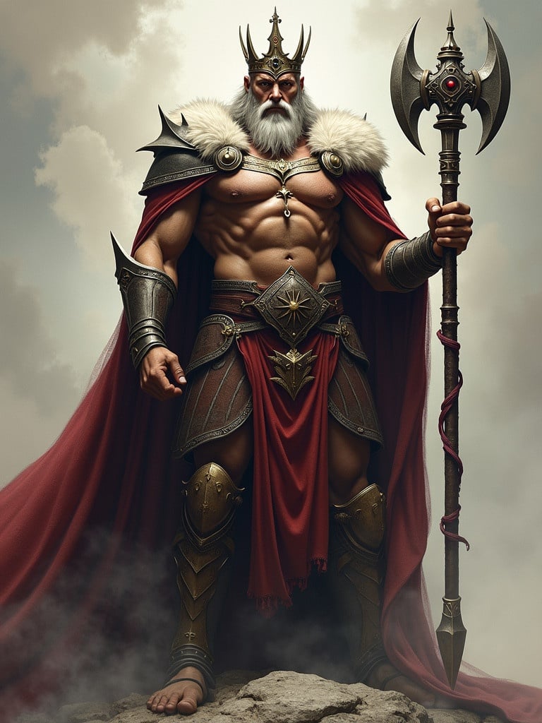 Tall muscular king. Exudes power and authority. Crown designed to be menacing. Clutched in hand is fearsome mace. Symbolizes strength and readiness for battle. Posture conveys confidence.