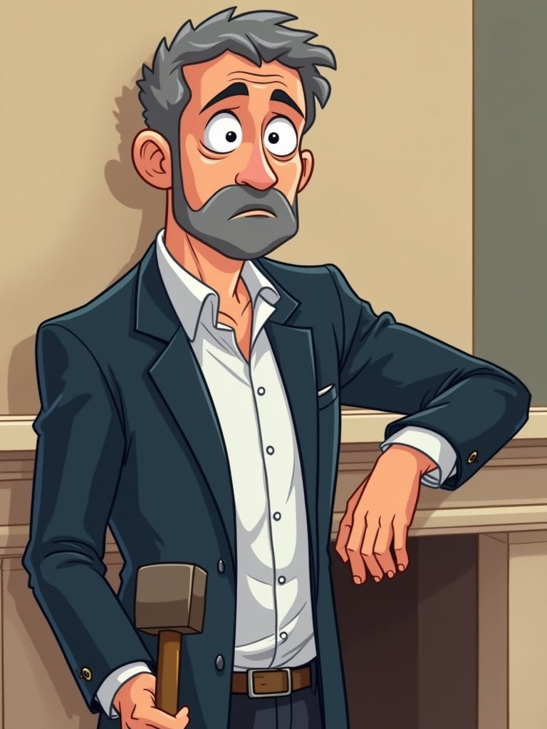 Cartoon character of a middle-aged man in his 40s or 50s with short curly hair and gray beard. He wears a white shirt and navy-blue blazer. Leaning on a beige fireplace. Looks sad after being kicked out of an Italian school. Holds a hammer and sickle.