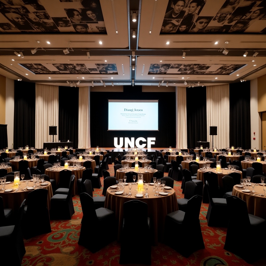 This image showcases a spacious banquet room set for a large event. The area features elegantly arranged rectangular tables accommodating 21 people each, enhancing social interaction. Black and white drapes frame the room, complemented by a stunning wall-to-wall display of black and white photographs showcasing African American graduates. At the front, 5ft tall light-up letters spelling 'UNCF' stand prominently in front of the stage, adding a touch of sophistication to the event. The overall setting exudes warmth with ambient lighting, creating an inviting atmosphere for guests.