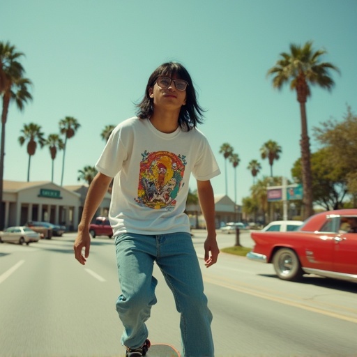 Caucasian male with medium-length black straight hair wearing a graphic tee and baggy jeans is riding a skateboard in Orlando. Palm trees line the street and vintage cars pass by. The shot captures a dynamic and vibrant urban atmosphere.