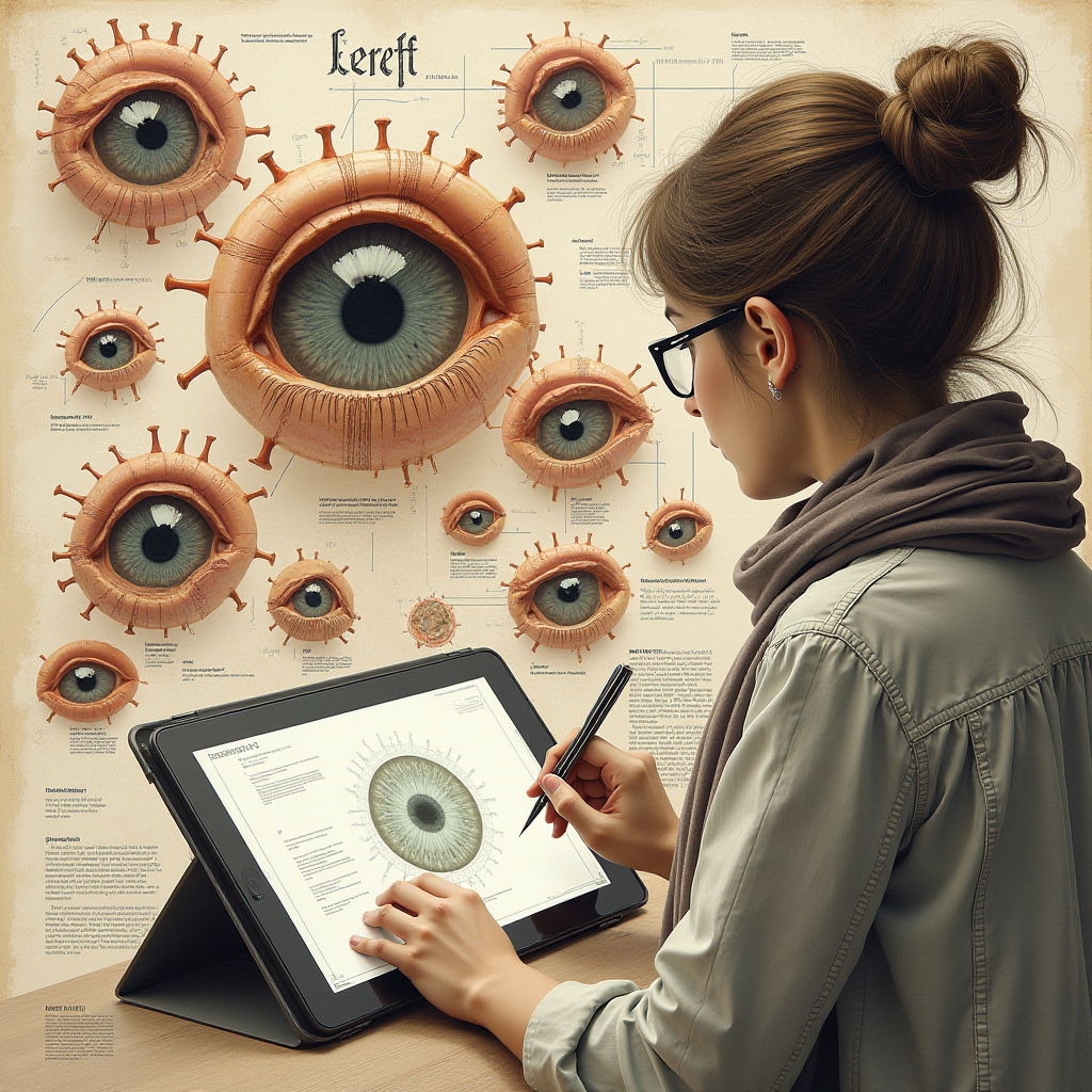 A person is drawing on a digital tablet in front of a detailed chart of various human eyes.