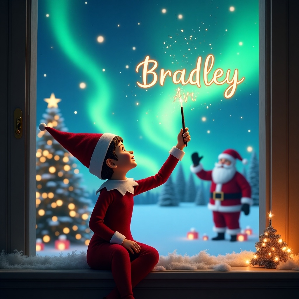 A cozy Christmas scene featuring a child dressed as an elf sitting at a window. The child is using a magic wand to write names in the sky. The background is filled with a beautiful display of northern lights. Santa Claus is visible in the distance, adding to the magical feel. The setting includes a decorated Christmas tree and snow-covered ground, creating a winter wonderland atmosphere. The image is colorful and enchanting, capturing the essence of holiday magic.