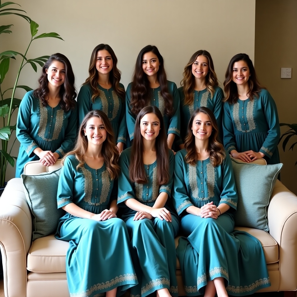 Group of eight individuals pose together in a cozy living room. Four seated on a beige couch and four standing behind. Everyone wears traditional attire in blue and green shades with intricate patterns. The scene conveys a friendly and relaxed atmosphere with smiles. Décor includes a decorative pillow and plants in the background.