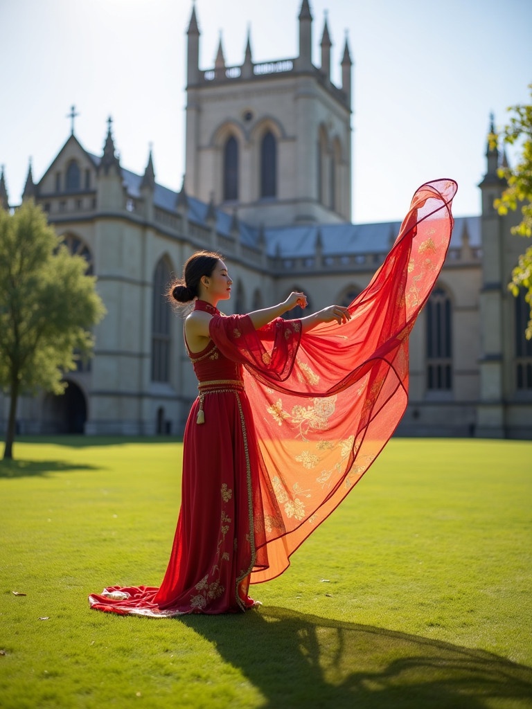 Woman performing Chinese martial arts outside a grand cathedral. Bright sunshine illuminates the scene. Grass surrounds the elegant figure. Cathedral stands majestically in the background.