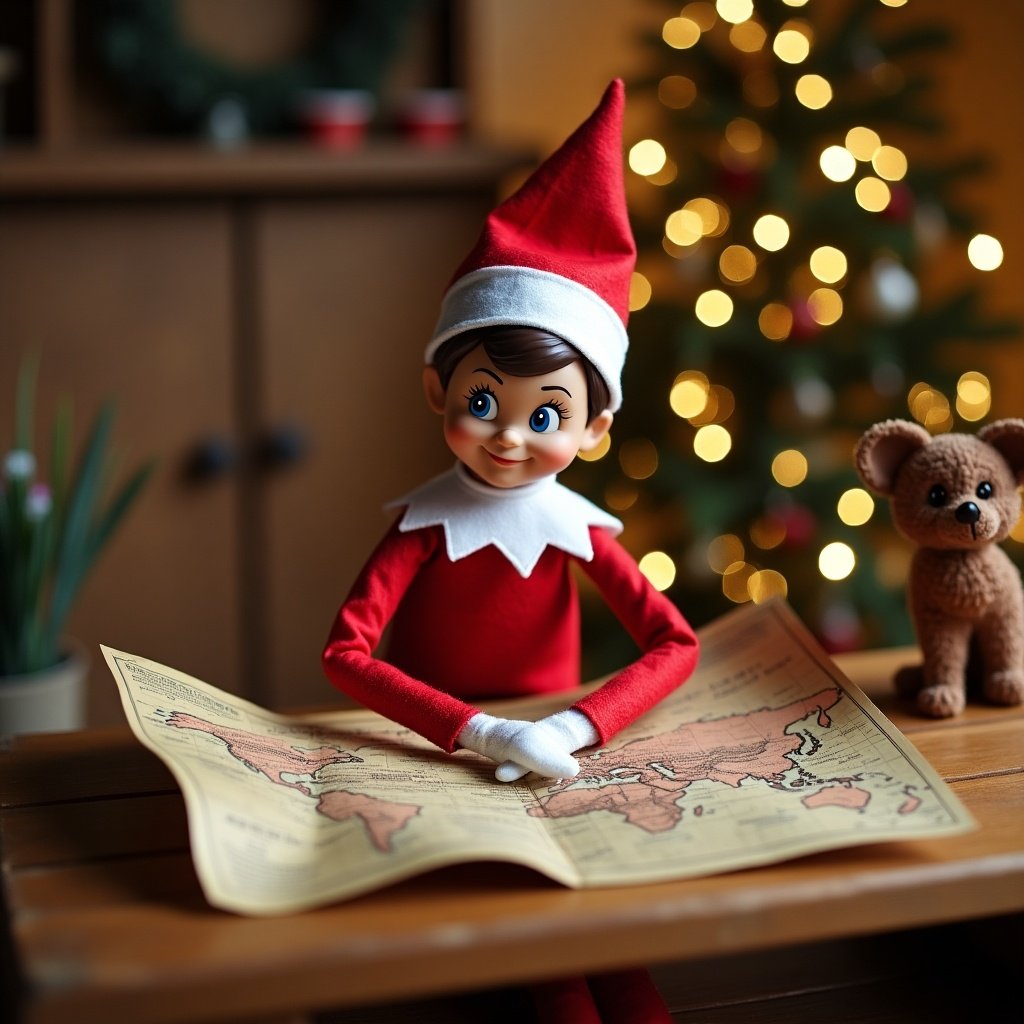 Elf on the shelf character holds a detailed world map. Surrounding decorations evoke festive Christmas spirit.