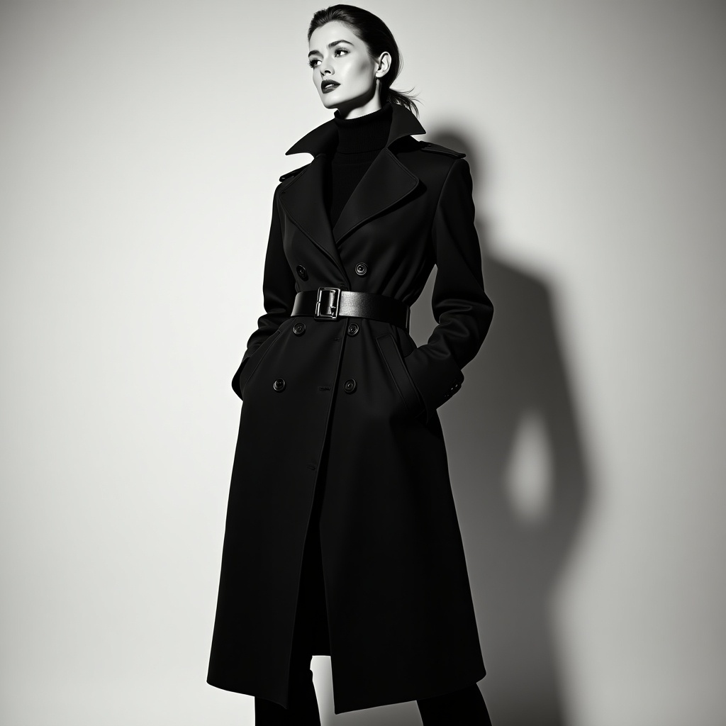 The image showcases a woman in a full-length black trench coat. She exudes confidence and elegance in a turtleneck and black pants. A prominent belt enhances sophistication. The soft shadows create dramatic effects in the monochromatic outfit.