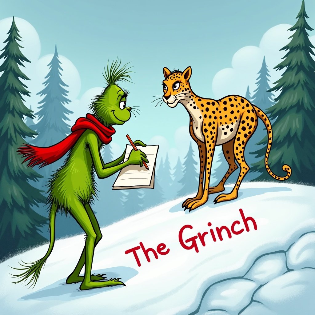 Grinch writing in snow beside leopard. Snow-covered hills and evergreen trees present. Grinch depicted green with red scarf.