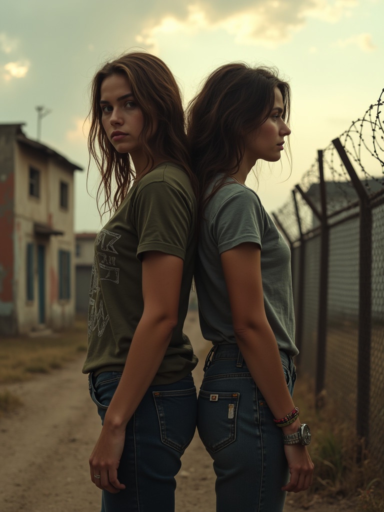 Two teenage girls standing back to back. Background features crumbling buildings and rundown barbed wire fencing. The sky appears fiery and smoky.