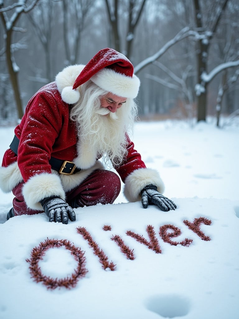 Santa Claus writes a name in the snow. Red and white winter outfit. Snowy landscape background. The name 'Oliver' formed in snow with twigs. Cheerful holiday atmosphere.