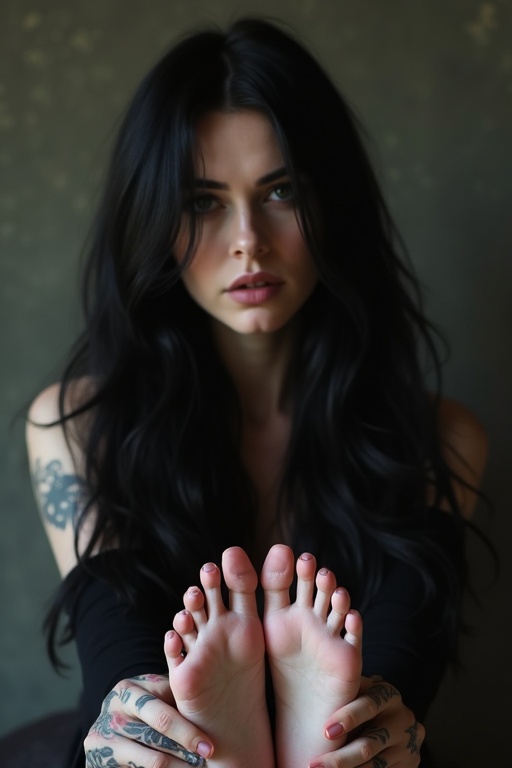 Mature goth woman shows cuts on her bare feet. She has long black hair. The image captures her feet and hands. The backdrop is neutral. Focus is on her feet and body tattoos.