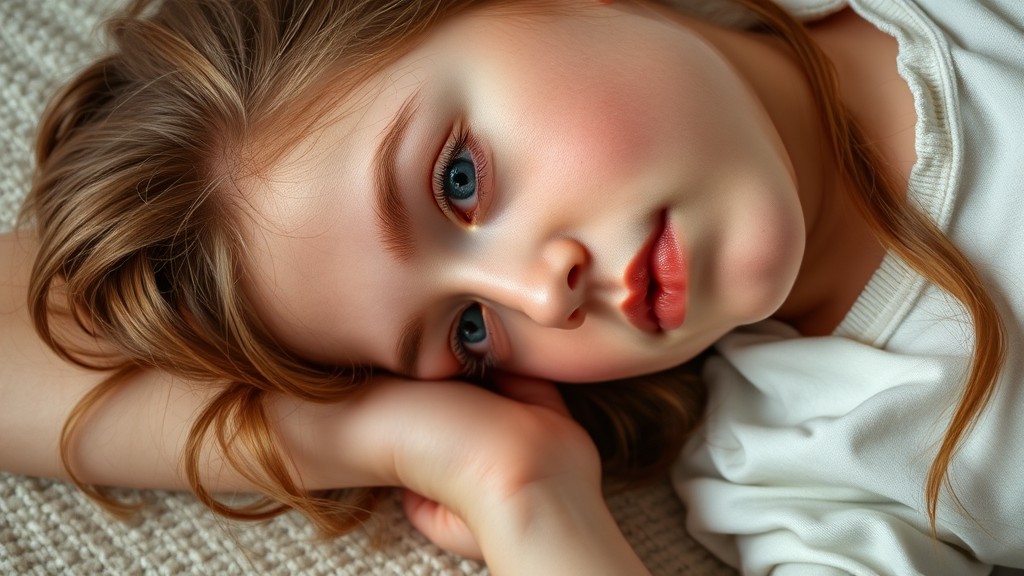 A close-up portrait of a child lying down, gazing thoughtfully with a peaceful expression.