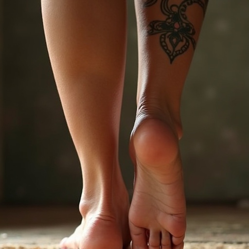 Mature woman showing her soles of her bare feet wearing Chun Li outfit. Close-up on feet highlighting tattoo. Natural light creates soft shadows.