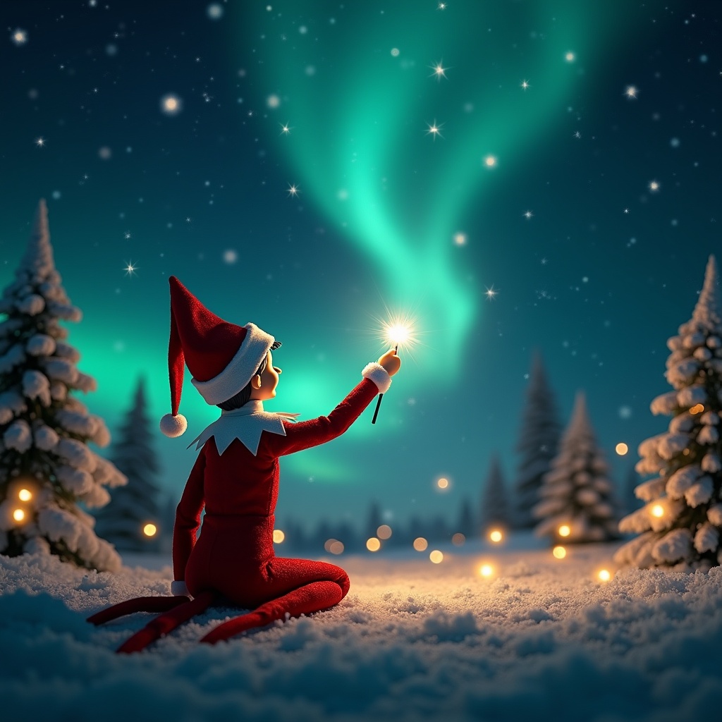 The image depicts an elf on the shelf kneeling in a snowy setting, facing a beautiful night sky. The elf has his back to the viewer and is using a wand to write 'Tiffany' in sparkling letters against the backdrop of the northern lights. Majestic evergreens surround the scene, all dusted with snow. The glow from the elf's wand adds a warm touch to the cool blue ambiance of the night. This magical moment captures the spirit of Christmas and wonder, inviting viewers to feel the joy of the season.