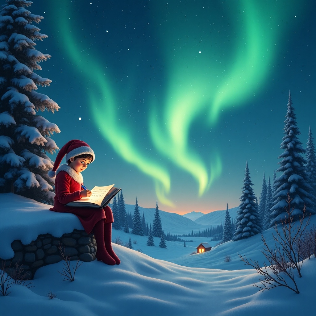 A child dressed as a festive elf is sitting on a snowy rock, intently writing in a book. Above, the night sky is illuminated by vibrant northern lights, creating a magical atmosphere. In the distance, a cozy cabin glows warmly, surrounded by tall evergreen trees dusted with snow. The landscape is serene and enchanting, embodying the essence of the holiday season. The elf’s red attire contrasts with the pure white snow, adding a joyful touch to the wintry scene.