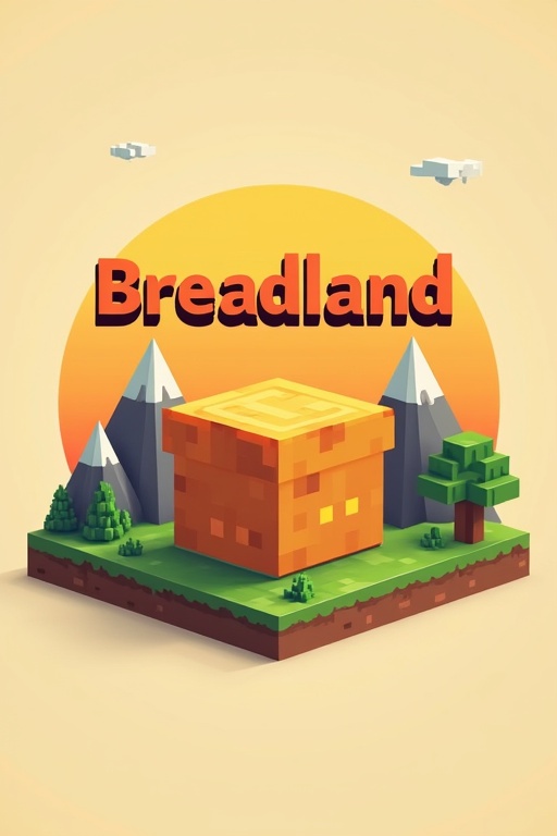 Logo design for a Minecraft server called Breadland featuring pixel bread and pixelated title. 3D landscape with mountains and trees. Bright orange sunset background.