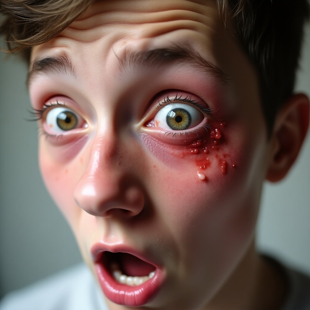 The image depicts a close-up of a shocked boy's face with injuries. His eyes are wide in surprise, and there's blood near his eye, indicating he has just experienced a punch. The boy shows a clear expression of pain and confusion. The skin is pale, contrasting with the red marks. This powerful image captures the immediate aftermath of violence, highlighting the physical and emotional impact in a dramatic way.