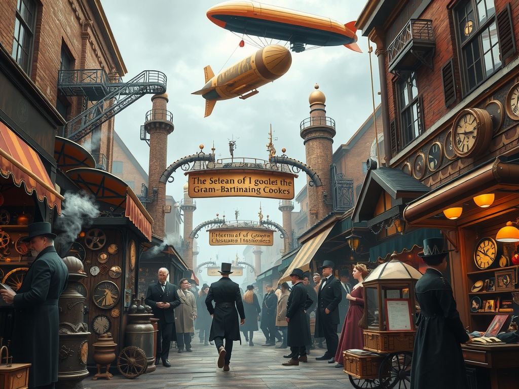 This image depicts a bustling steampunk marketplace, filled with characters in Victorian-style attire. The street is lined with shops showcasing clocks and mechanical contraptions, while overhead, a dirigible floats through the sky. The atmosphere is vibrant and nostalgic, blending antique and futuristic elements in a harmonious scene.