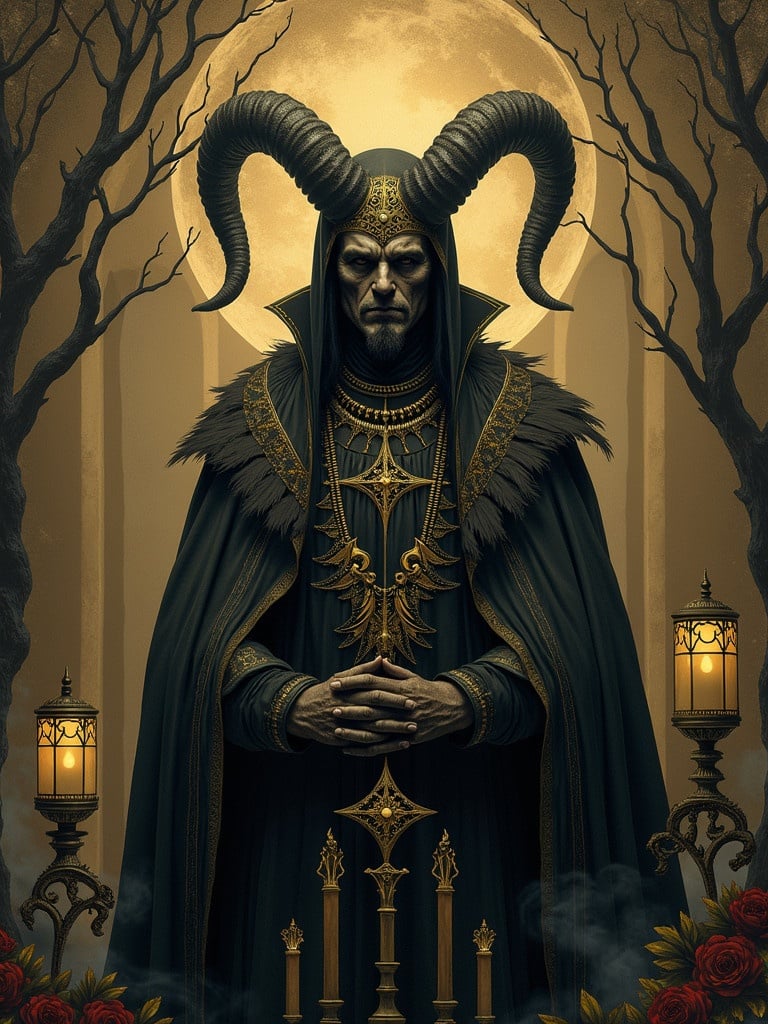 Dark vintage album cover centered around the demon Paimon. Paimon appears regal with ornate antique attire. Gold and dark metallic accents are featured. Twisted branches surround the figure. Candlelit lanterns enhance the composition. Arcane symbols are subtly integrated into the background. Sepia and muted colors create a sense of antiquity. Aged textures are utilized to add mystery. Deep shadows are cast, enhancing the sinister atmosphere. Elements of Victorian horror and classic occult imagery are balanced. Paimon is the focal point with subtle smoke effects around him.