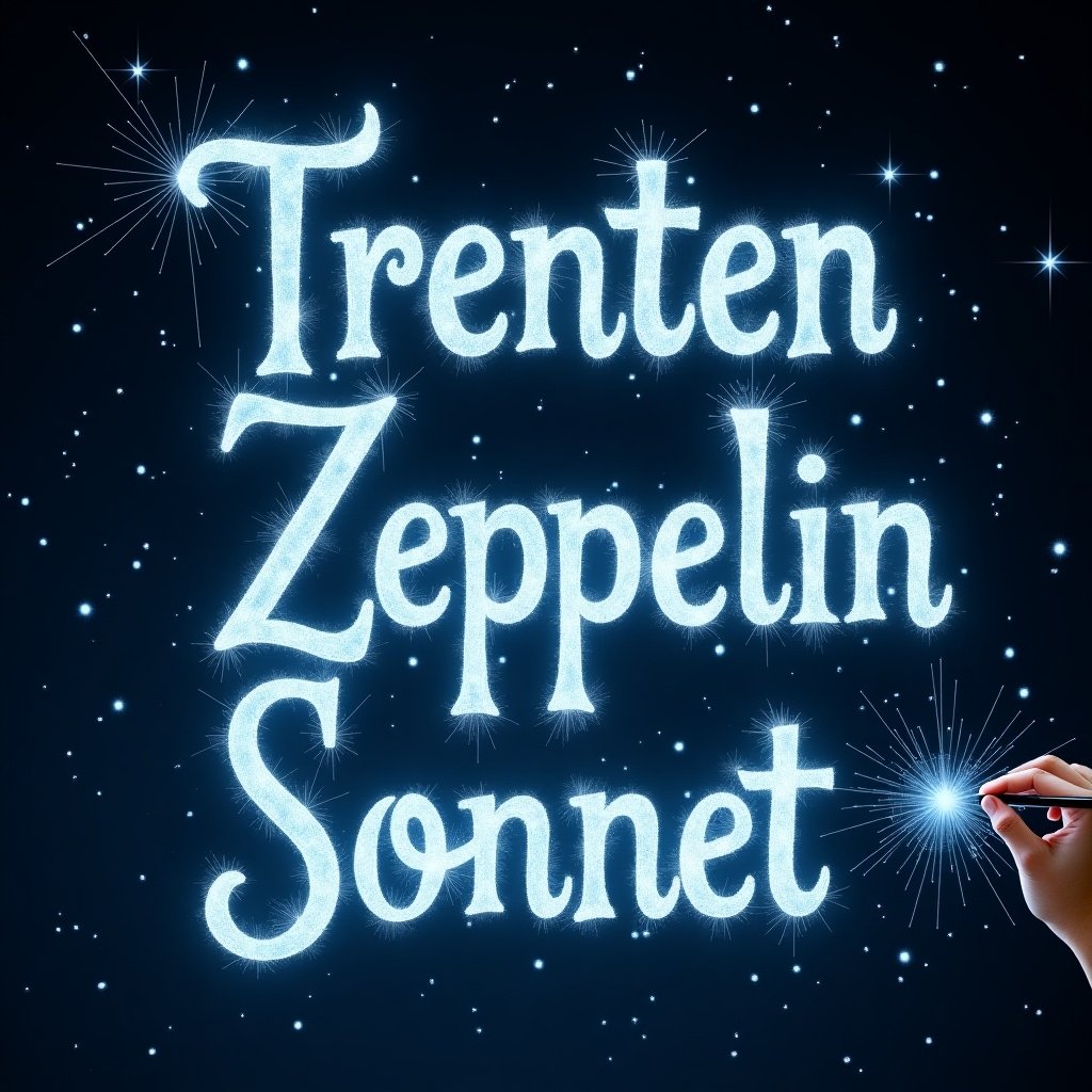 An elf uses a magical wand to create text in the air that sparkles against a night sky filled with stars. The names 'Trenten', 'Zeppelin', and 'Sonnet' are each crafted with a glowing white and light blue effect. The dark background accentuates the enchantment of the scene. This illustration invites viewers into a realm of magic and fantasy, reminiscent of classic fairy tales. It captures a moment of awe and wonder, leading to a vibrant imaginative experience.