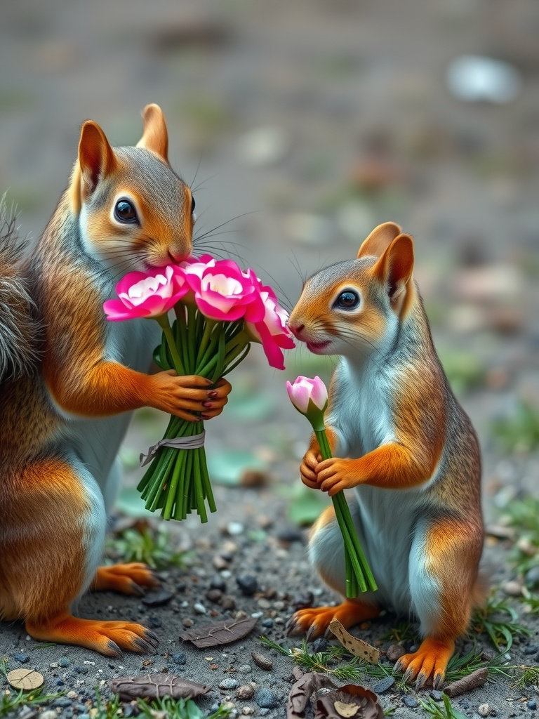 Two adorable squirrels are depicted exchanging vibrant pink flowers. One squirrel holds a bouquet while the other clutches a single blossom. The setting is warm and inviting, with soft lighting creating a playful atmosphere. The detailed fur and expressions of the squirrels convey a sense of wonder and joy.