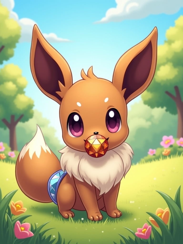 Cute baby female eevee with playful expression. Purple eyes. Light brown dummy infused with glowing garnet gem in mouth. Wears diaper with gem design. Set in vibrant grassy area. Surrounded by flowers and trees. Clear sunny blue sky.