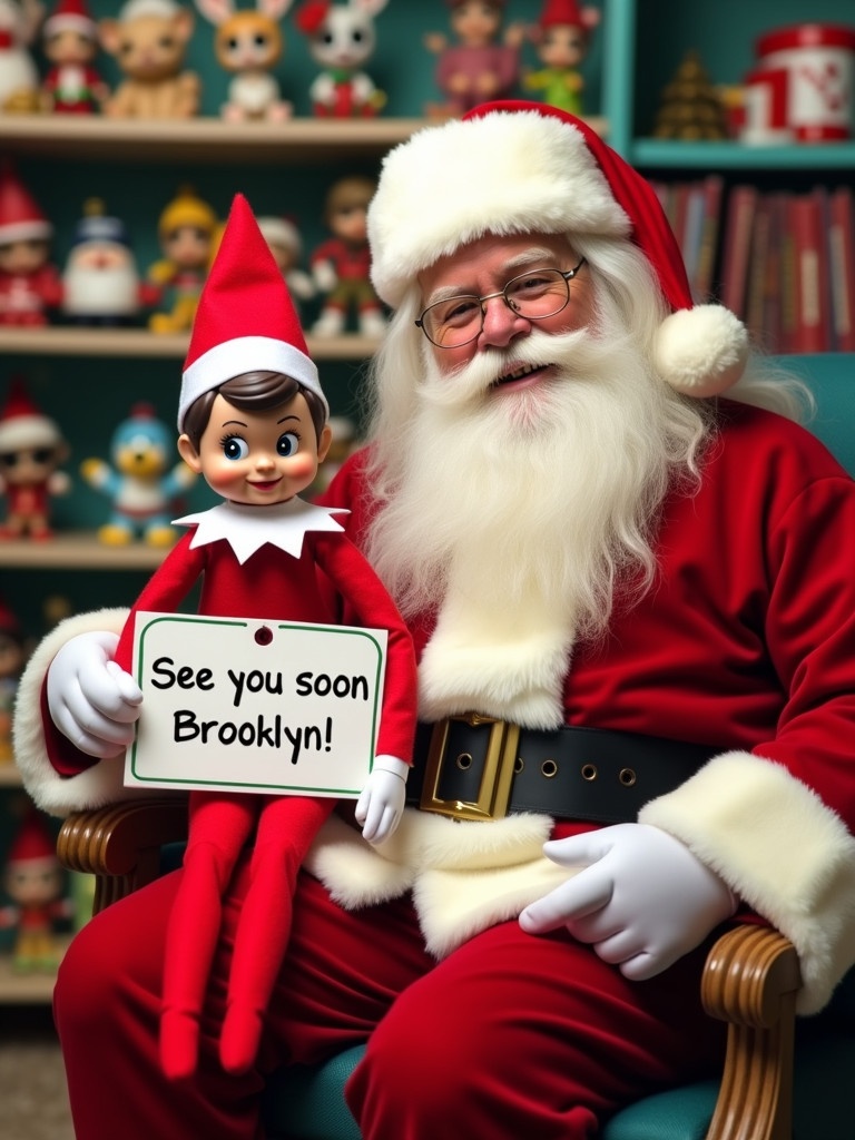 Elf on the Shelf in red outfit with white trim sits next to Santa in a toy workshop. Elf holds sign that says 'See you soon Brooklyn!'. Background has various Funko Pops and holiday decorations. Santa poses happily beside Elf. Warm inviting atmosphere perfect for the holidays.