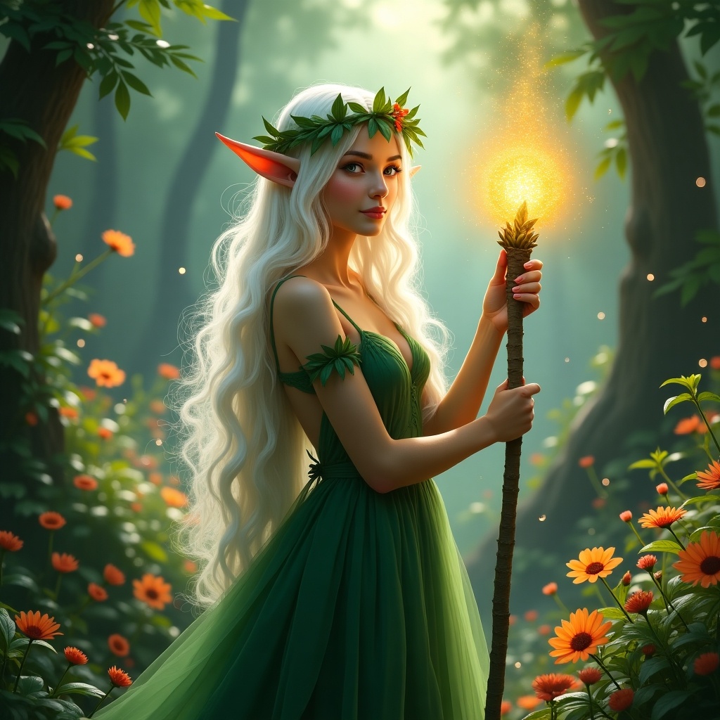 A beautiful elf stands in a mystical forest filled with vibrant flowers. She has long white hair and a crown made of leaves and flowers. Dressed in a green gown, she holds a magical staff glowing with warm light. The atmosphere is serene, surrounded by lush greenery and magic. A sense of adventure and mystery fills the scene.