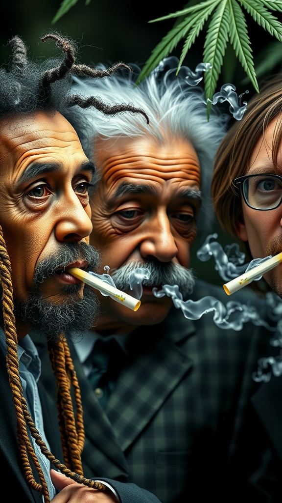 Three men with distinctive hairstyles, suits, and serious expressions are smoking, surrounded by greenery.