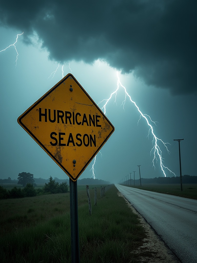 Image shows a yellow sign that reads 'HURRICANE SEASON'. Sign is weathered and slightly leaning. There are dark storm clouds and flashes of lightning in the sky. The scene suggests urgency and caution before a hurricane.