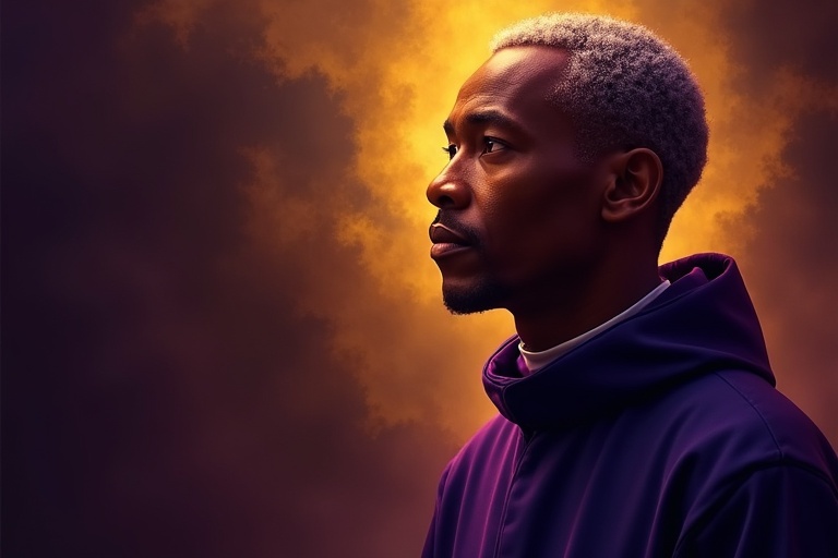 A digital artwork features Saint Martin de Porres in close-up. The artist uses deep black, rich purple, and golden highlights. He wears a Dominican habit, shows a serene expression, gazes with wisdom and humility. His brown skin indicates Afro-Peruvian heritage. A warm glow surrounds him, adding mystery. The background is shadowy with golden light for contrast. He is to the right, leaving space on the left for text.