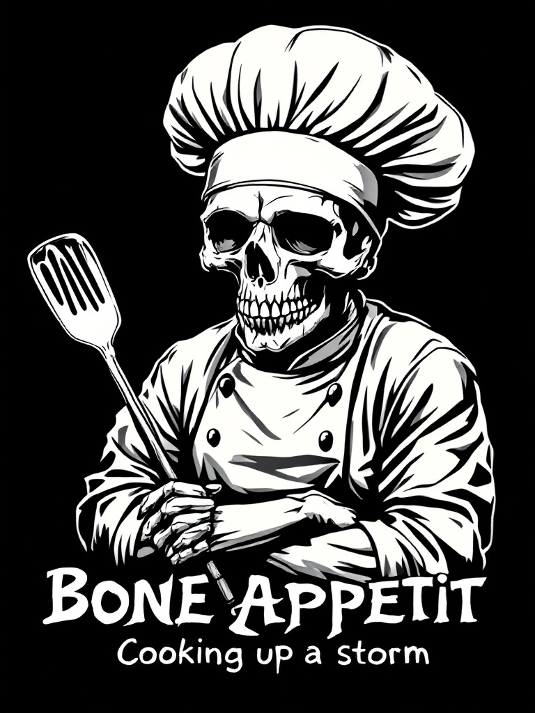 Design a T-shirt featuring a skull wearing a chef's hat. The skull is holding a spatula. The text reads 'Bone Appétit: Cooking up a storm'.