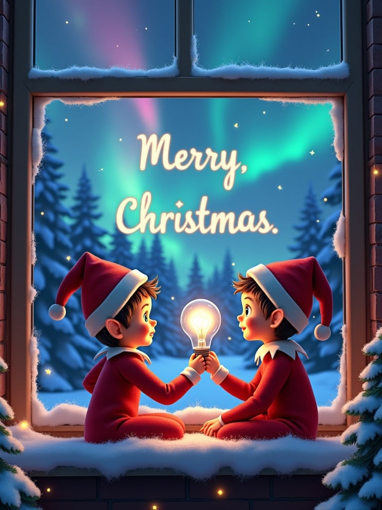 Two elf children sit by a winter window. They hold a glowing light bulb with excitement. A colorful northern lights skies in the background. Snow covers the ledge. Holiday decorations surround them. The text says Merry Christmas. Trees covered in snow decorate the outside.