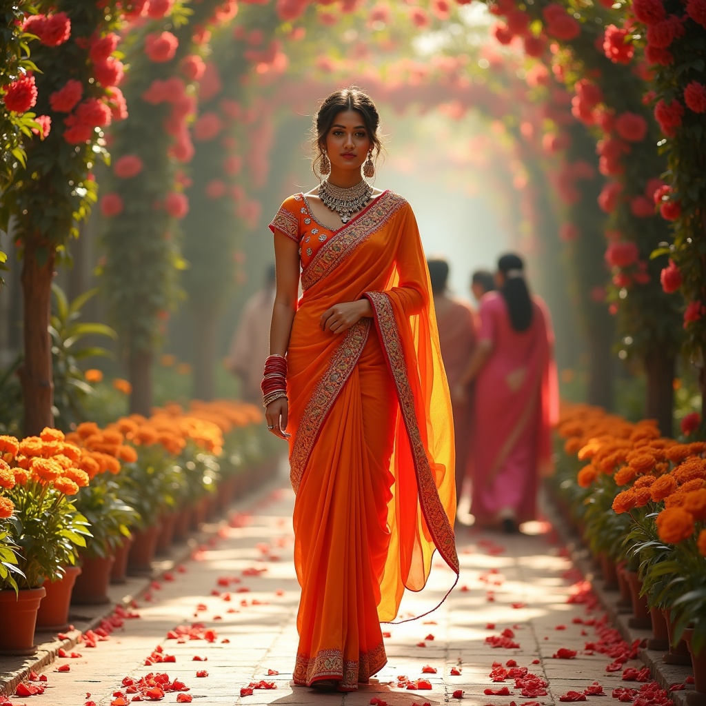 A stunning young woman in an elegant orange sari walks through a beautifully adorned pathway lined with vibrant flowers. She carries herself with grace and confidence, embodying the essence of traditional Indian beauty. The soft sunlight highlights the intricate details of her attire, creating an enchanting atmosphere. In the background, other women elegantly draped in colorful saris add to the cultural richness of the scene. This image captures the harmonious blend of tradition and modern elegance, making it a perfect visual representation of Indian heritage.