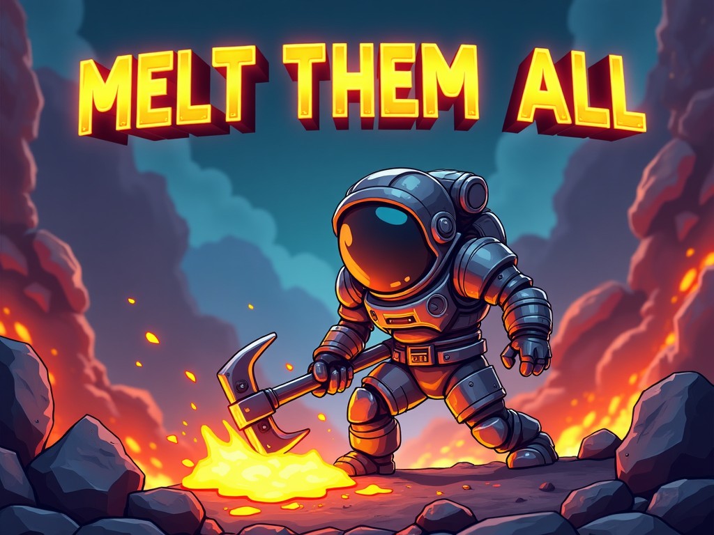 A cartoon astronaut holding a pickaxe in a fiery, molten environment, with the words 'Melt Them All' above, depicting a fantastical mining or game-inspired scene.