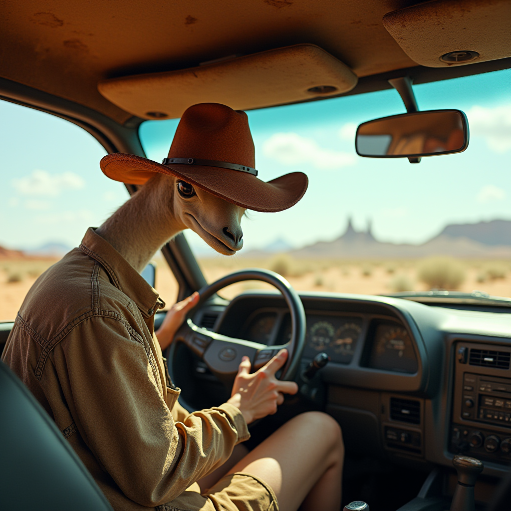 An ostrich wearing a cowboy hat is humorously depicted driving a car in a desert landscape.