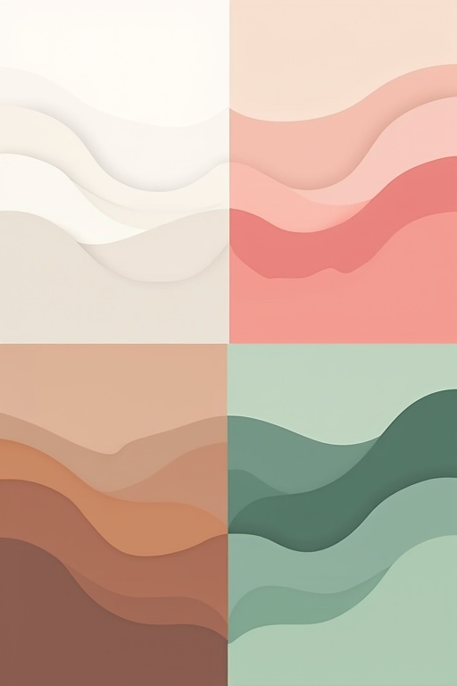 A symbolic illustration depicting noise colors for sleep aid. Four quadrants representing white noise with soft waves in white and gray, pink noise with gentle shapes in pink and red, brown noise in earthy brown patterns, and green noise in calming green waves. Minimalistic and harmonious design without literal sleep depictions.