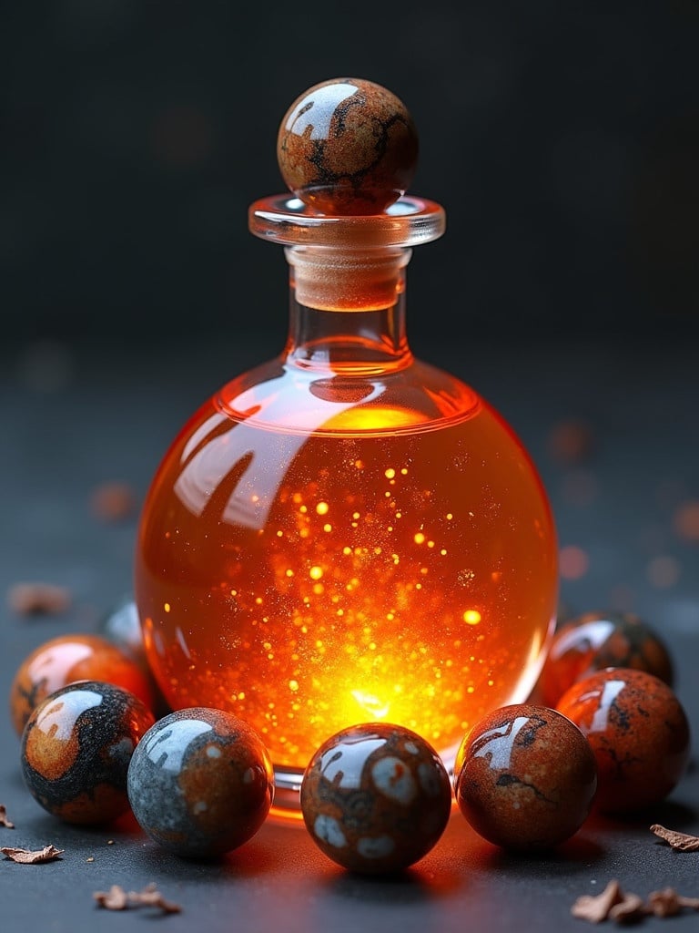 A glass potion bottle shaped like a perfume decanter holds fiery orange liquid. The liquid emits soft glows and embers. Surround the bottle with ten round marbles made of American bouquet granite. The scene features rim lighting. The image captured with DSLR camera.