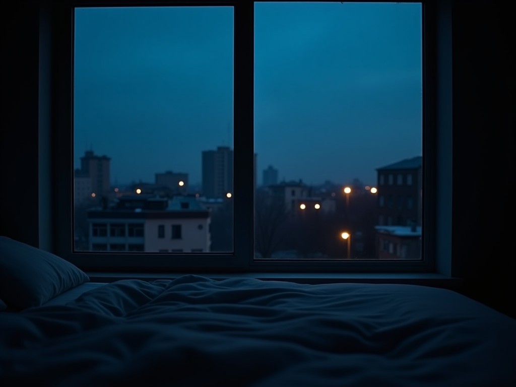 The image captures a serene moment from inside a room during the dark blue hour of early morning. The camera is positioned on a bed, facing a large window that presents an urban landscape. Outside, buildings of varying heights and dimly lit street lights contrast against the deep blue sky. The room interior is dark and calm, with the bed's soft features barely visible. The overall scene evokes a feeling of peaceful observation and reflection, emphasizing the stillness of early morning in a city setting.