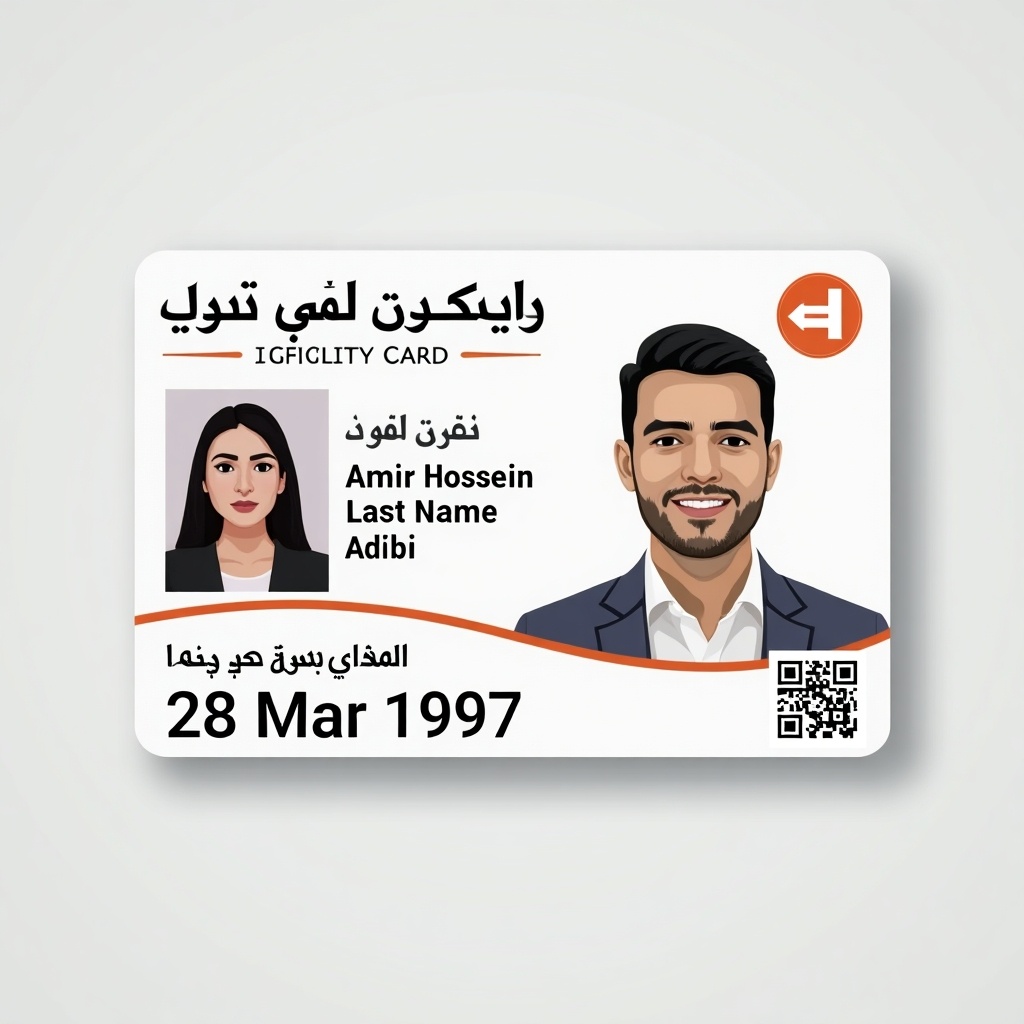 The image depicts a Taiwan ID card designed for a fictional character named Amir Hossein Adibi. The card includes a modern design with an illustration of Amir on the left. His name and last name are clearly printed in both English and Arabic. The birth date is noted as March 28, 1998. The layout features a QR code for additional data verification. This ID card serves as a template or inspiration for creating official-looking identification cards for various uses.