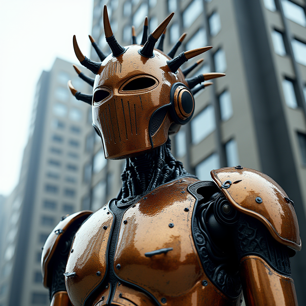 A copper-colored humanoid robot with a spiked helmet stands amidst urban skyscrapers.