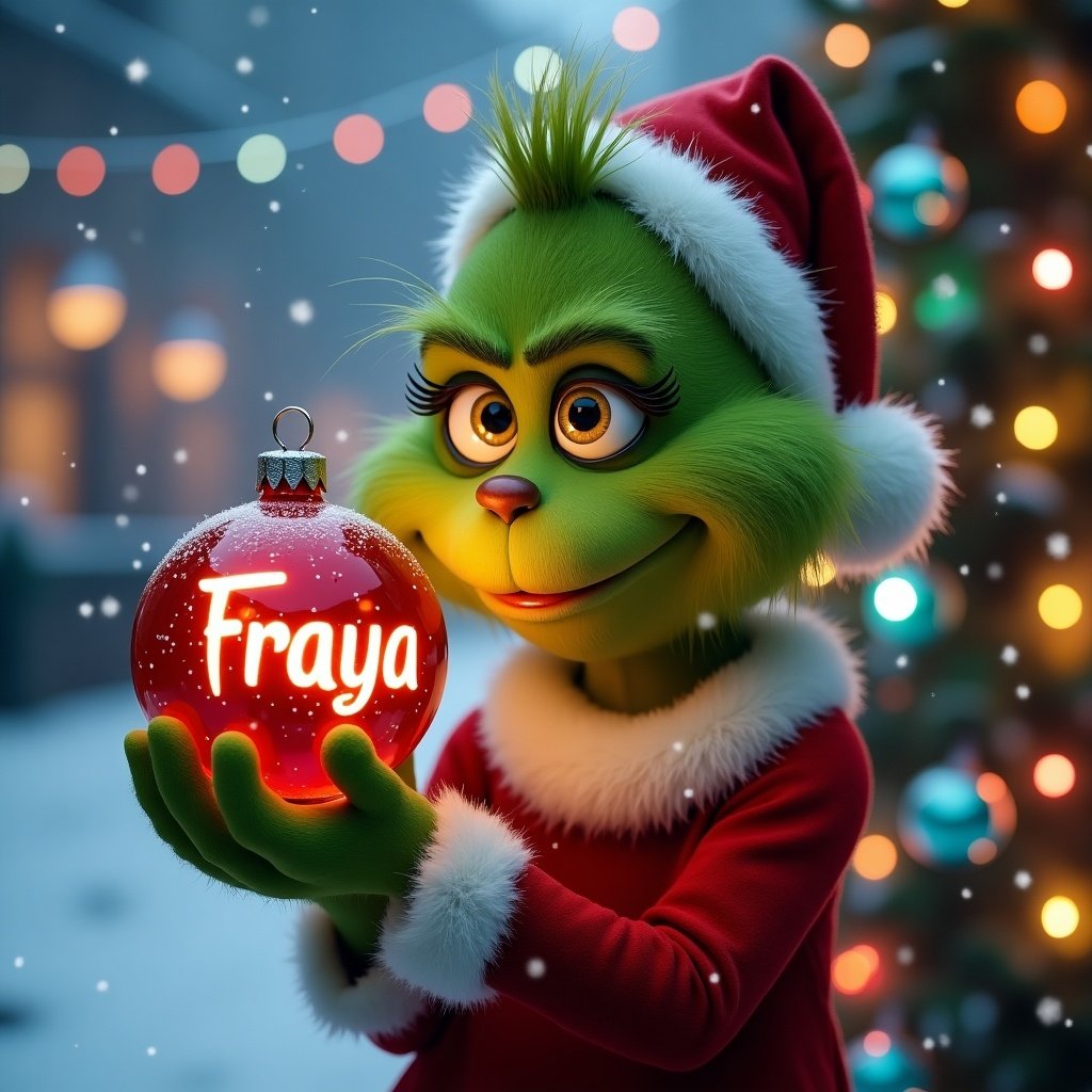 Grinch character holds a festive Christmas bauble in a snowy background filled with colorful lights