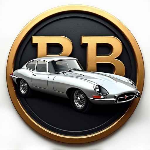 Logo design on a medal with a black to gold gradient background. Foreground features a silver Jaguar E-Type car depicted in a sporty dynamic style. Two large mirrored letters 'B' positioned behind the car.