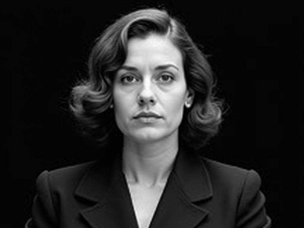 The image features a woman with a serious expression. She has shoulder-length hair styled in soft waves. She wears a dark blazer, giving her a professional appearance. The background is completely black, emphasizing her figure. Her gaze is direct and confident, suggesting strength and determination. The portrait has a classic feel, reminiscent of mid-20th century photography. Overall, the image evokes a sense of authority and poise.