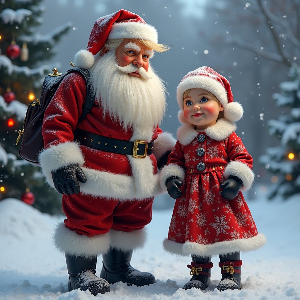 A joyful scene featuring Santa Claus and a child standing in a snowy outdoor setting. Christmas tree adorned with decorations in the background. Soft snowflakes falling around them. Warm smiles reflecting holiday spirit.